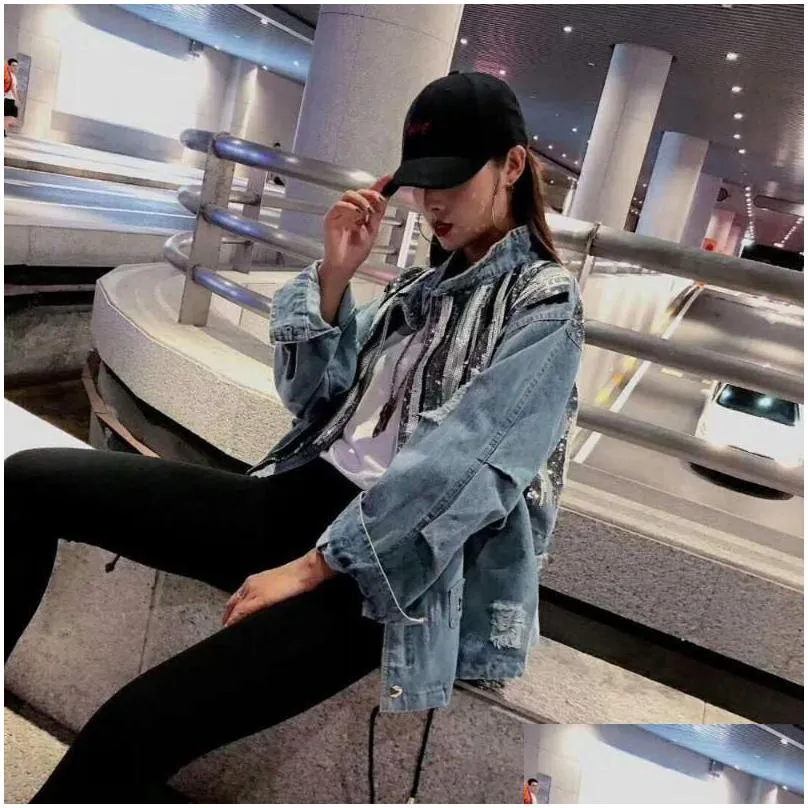 womens jackets 2023 spring arrival ladies ripped jeans coat womens drawstring cotton denim jacket oversize sequins jean