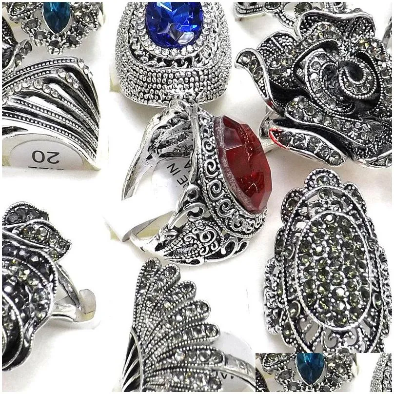 50pcs baroque style vintage rhinestone rings flower feather design