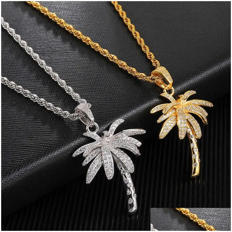 hip hop bling iced out micro paved cz palm tree pendants necklaces for men rapper jewelry with tennis chain x0707
