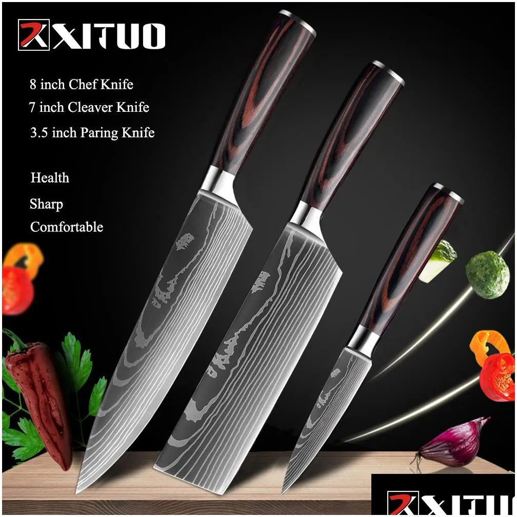 selling chef knife set laser damascus pattern kitchen knives sharp japanese santoku knife cleaver slicing utility knife drop factory