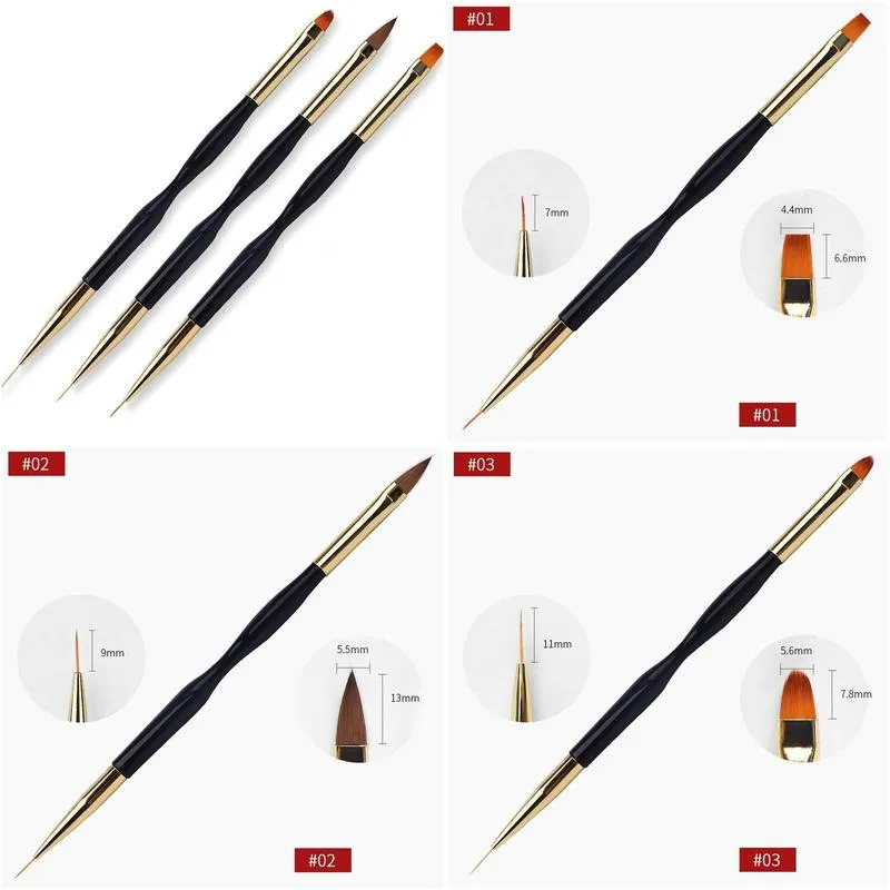 3PCS Acrylic Stripe Nail Brushes Art Liner Set 3D Tips Manicuring Ultra-thin Line Drawing Pen UV Gel Brush Painting Tools