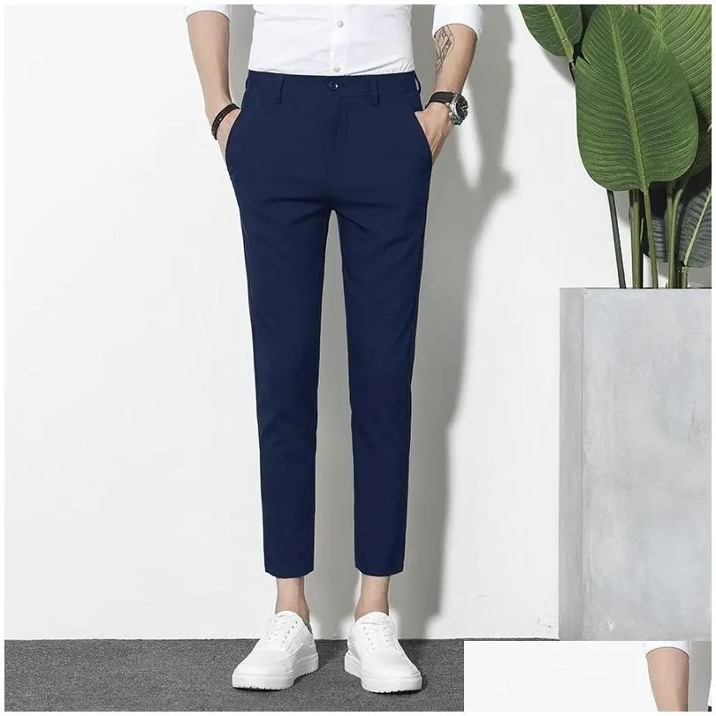 men clothing solid simple high quality mens business formal wear slim suit pants male casual little feet nine points mens