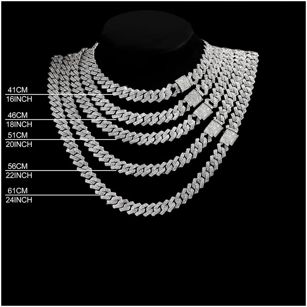 15mm micro pave prong cuban chain necklaces fashion hiphop full iced out rhinestones jewelry for men women