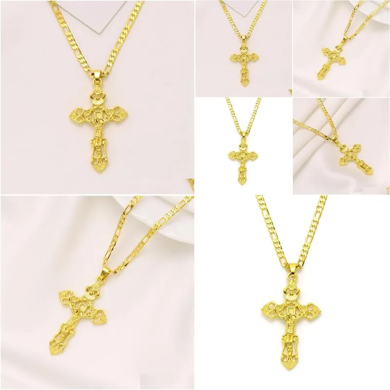 14k yellow solid gold gf italian jesus crucifix wide cross pendant figaro link chain necklace 24 womens mens 3mm