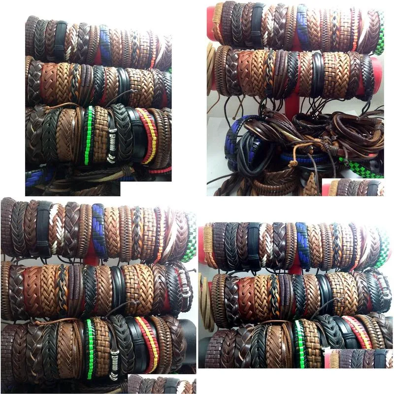 wholesale 100pcs men women vintage genuine leather bracelets surfer cuff wristbands party gift mixed style fashion jewelry lots