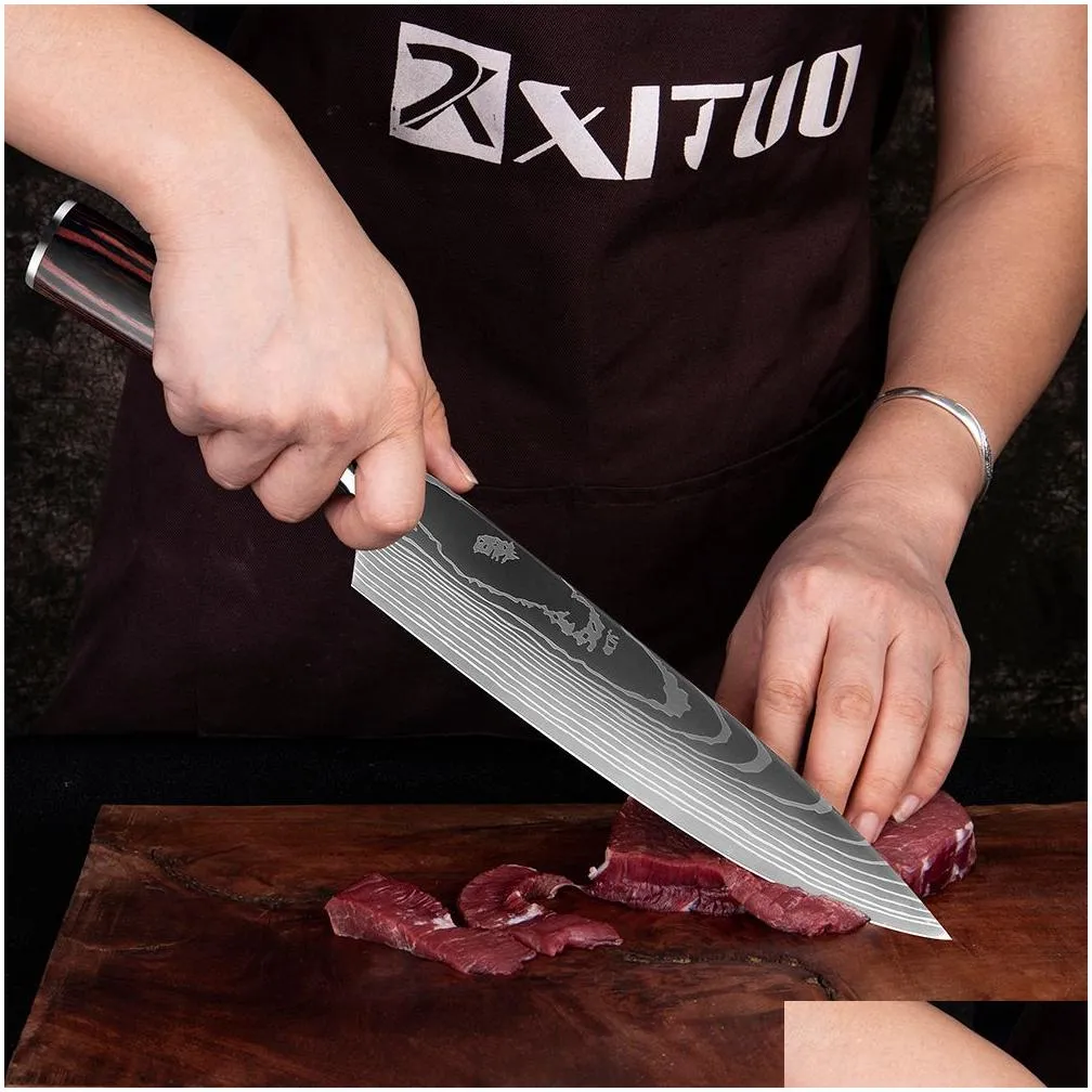 selling chef knife set laser damascus pattern kitchen knives sharp japanese santoku knife cleaver slicing utility knife drop factory