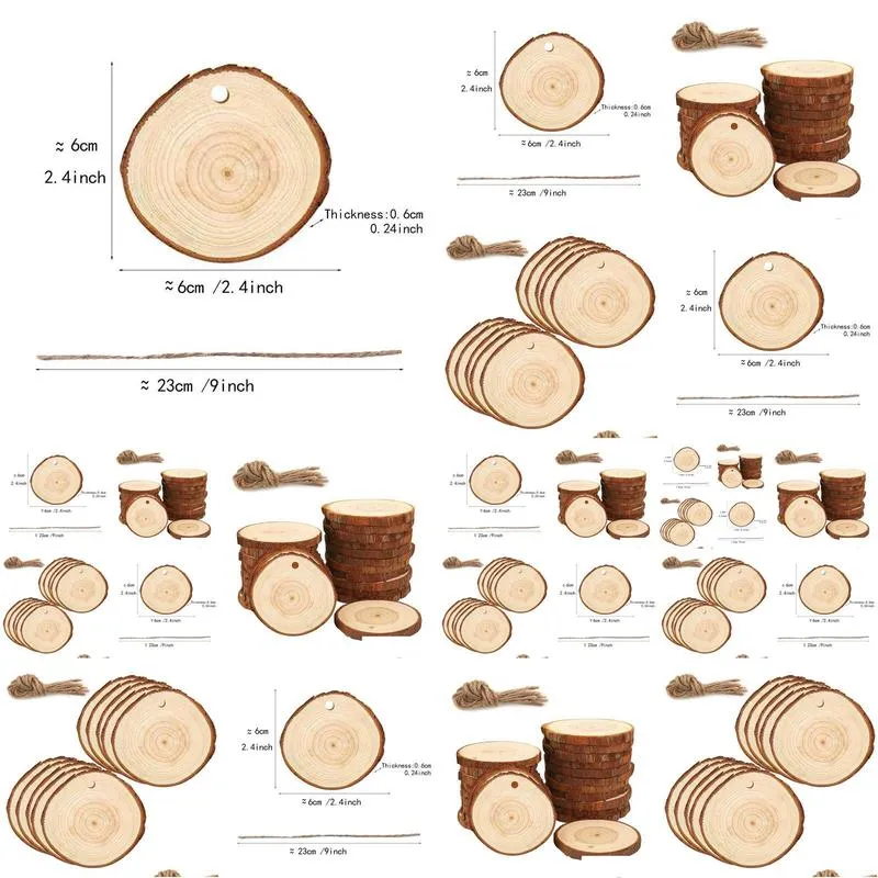 Greeting Cards Christmas Ornaments Wood Diy Small Discs Circles Painting Round Pine Slices W/ Hole N Jutes Party Supplies Drop Deliv Dh8Fv
