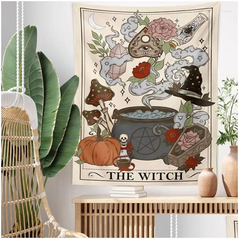 tapestries the witch tarot card tapestry wall hanging retro witchy boho cottage core home decor hippie mushroom carpet decoration