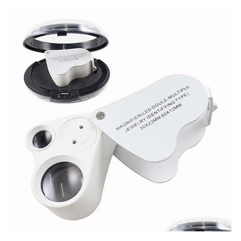 Other Retail Supplies Wholesale Mini Jewelry Loupes 30X 22Mm 60X 12Mm Loupe Dual Glass Magnifier With Led Light Folding Microscope M Dhqkx