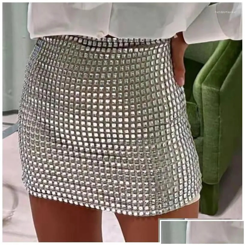 skirts rhinestone mini for women clothes sexy split see through hollow out shiny crystal diamonds solid drop delivery apparel womens