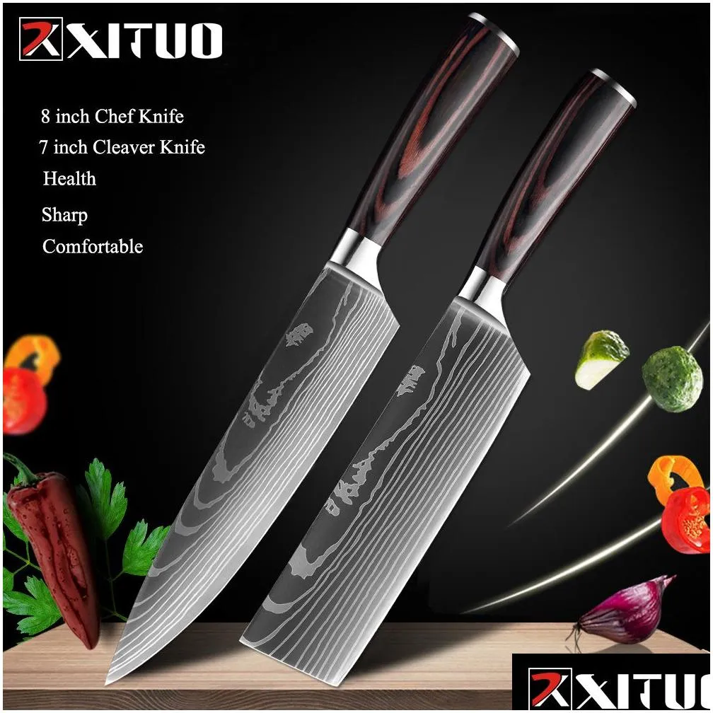 selling chef knife set laser damascus pattern kitchen knives sharp japanese santoku knife cleaver slicing utility knife drop factory
