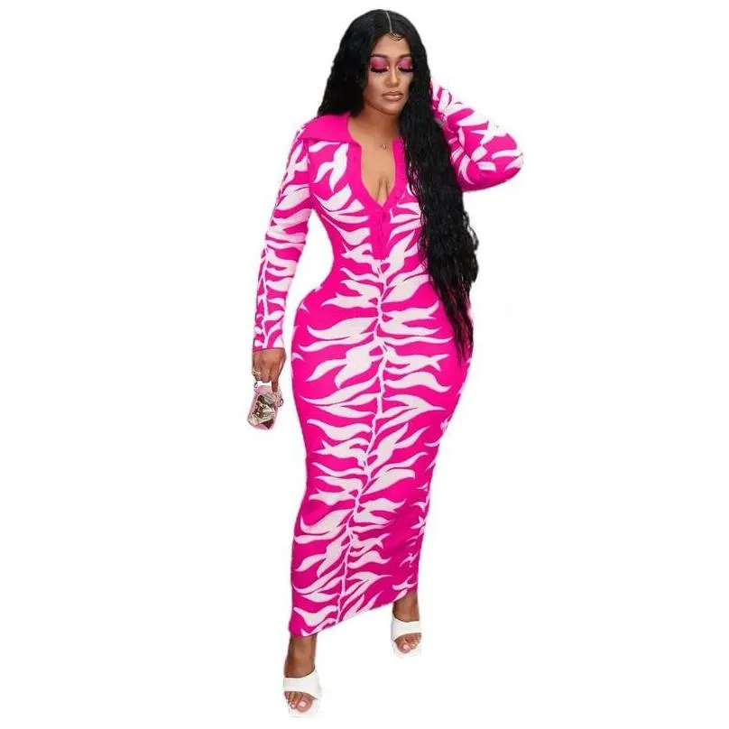 Plus Size Dresses Women Clothing Printing Casual Long Sleeve Button Lapel Sexy Prom Evening Pink Dress Bulk Wholesale Drop