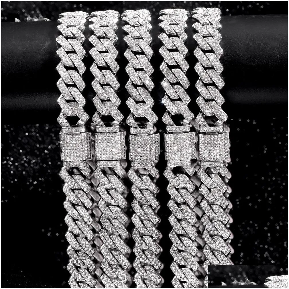 15mm micro pave prong cuban chain necklaces fashion hiphop full iced out rhinestones jewelry for men women