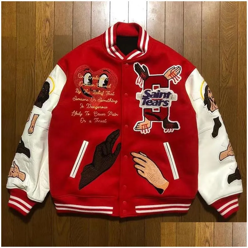 Men Designer Jacket Jesus Embroidery Saint Baseball Streetwear Patchwork Letter Asap Rocky Harajuku College Varsity Bomber Coat Couples