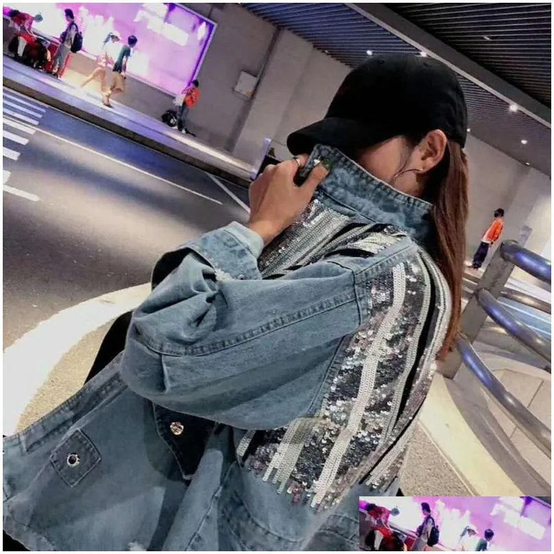 womens jackets 2023 spring arrival ladies ripped jeans coat womens drawstring cotton denim jacket oversize sequins jean