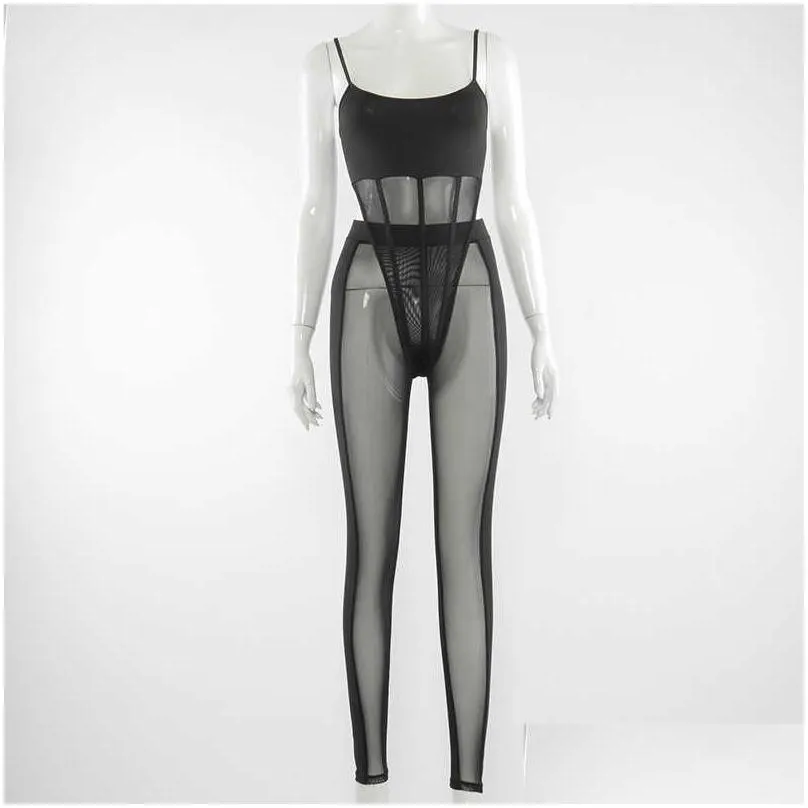 ANJAMANOR Sexy Mesh Patchwork 2 Piece Sets Bodysuit Leggings See Through Black Club Outfits for Women Wholesale Items D85-BH20 Y0625