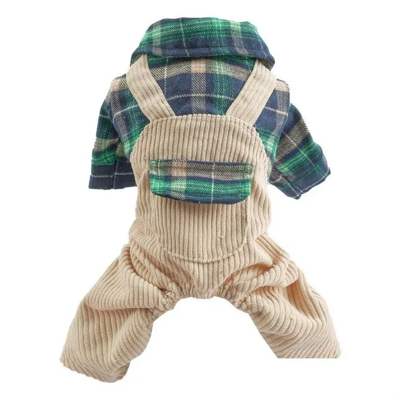 Dog Apparel Corduroy Pants Plaid Jumpsuit For Dogs Cute Small Animal With Shirt Autumn Winter Chihuahua Shih Tzu Pugssuit Pet Clothi Otri7