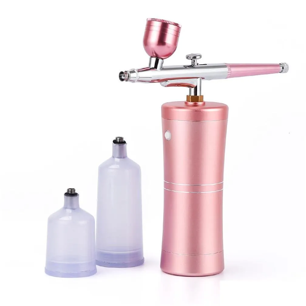 Face Care Devices Top 0.4mm Pink Mini Air Compressor Kit Air-Brush Paint Spray Gun Airbrush For Nail Art Tattoo Craft Cake Nano Fog Mist Sprayer