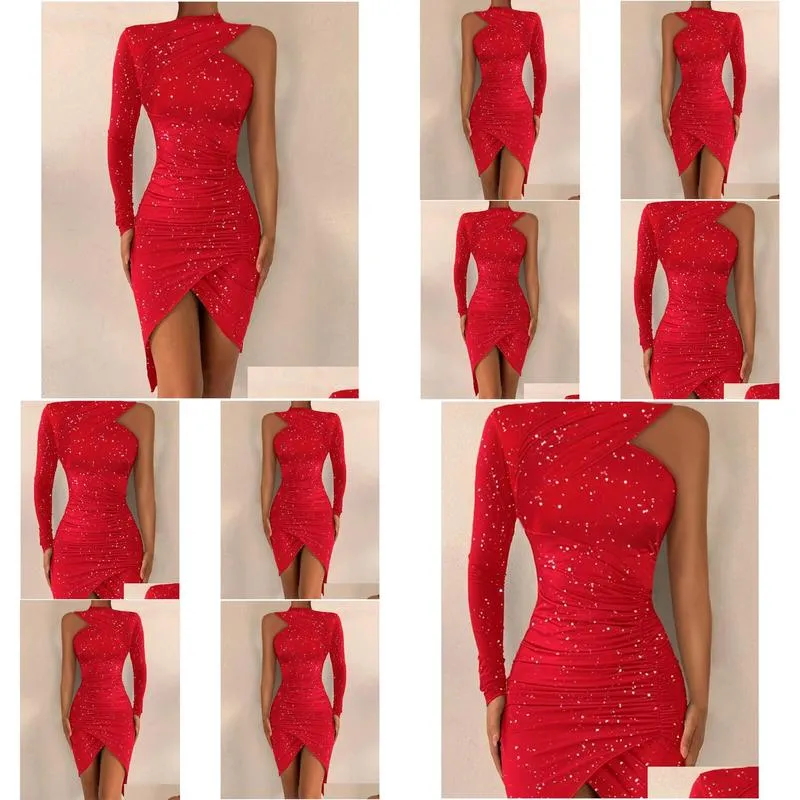 Casual Dresses Year Red Party Dress Glitter One Shoulder Asymmetrical Ruched Mini Bodycon Long Sleeve Sequins Sexy Corset RobesCasual