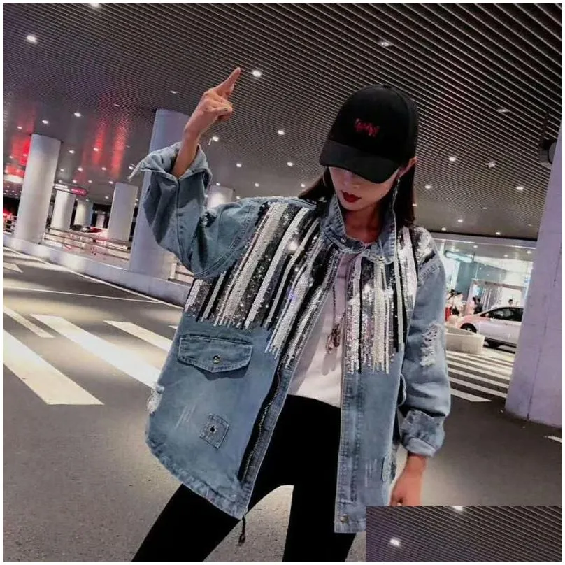 womens jackets 2023 spring arrival ladies ripped jeans coat womens drawstring cotton denim jacket oversize sequins jean