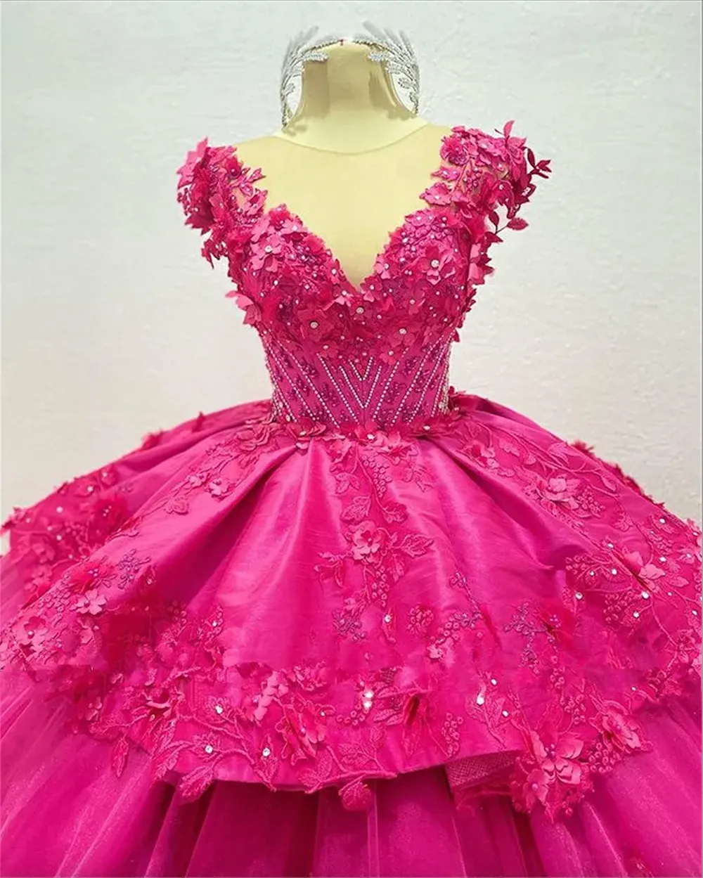 Fuchsia Princess Quinceanera Dresses 2023 Sheer Neck Lace-up Corset 3D Floral Black Girl vestido de 15 anos quinceanera princesa