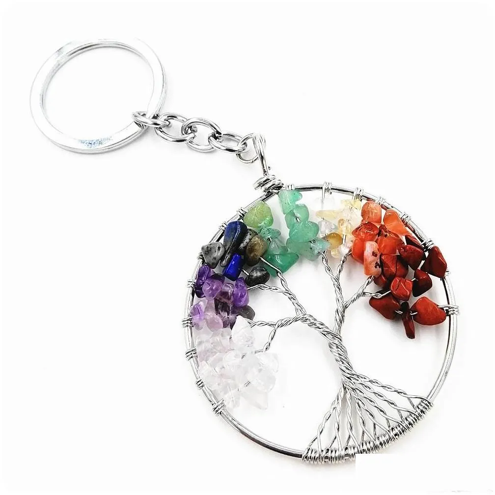 Natural Crystal Stone Keyring Chain 7 Chakra Round Tree Of Life Pendant Handmade Keychain Key Ring Key Holder For Women Car Bag