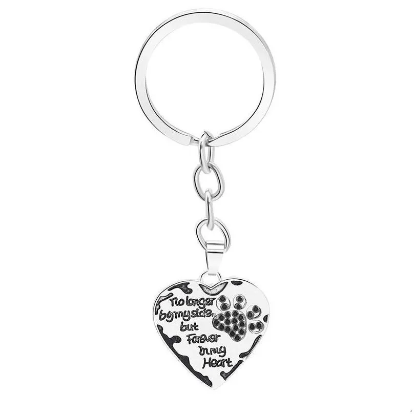 12 Pcs/Lot Key Chain No Longer By My Side But Forever In My Heart Paw Print Heart Keychain Pet Animal Lovers Memorial Friend Key Ring