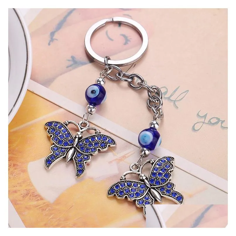 Blue Evil Eye Keychain Ring Jewelry Tortoise Eiffel Tower Keyring Fashion Animals Butterfly Charms Rings Key Chain Holder for Handbags Bag