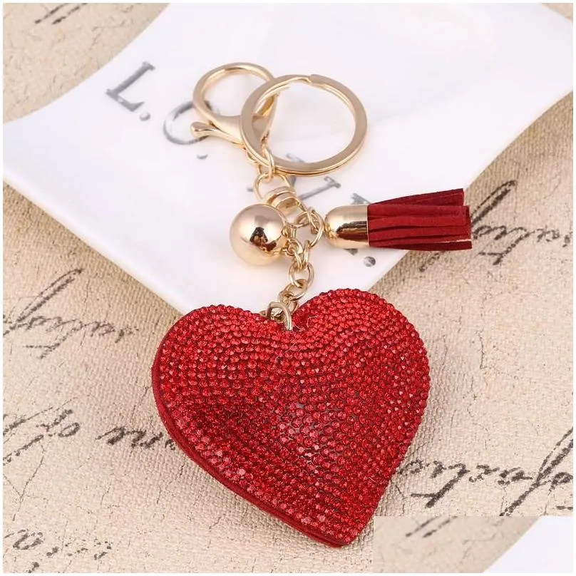 Heart Keychain Leather Tassel Key Holder Fashion Metal Crystal Rhinestone Key Chain Keyring Charm Bag Auto Pendant Gift Wholesale