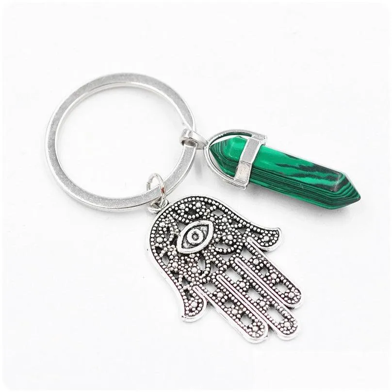Fashion Crystal Key Chains Jewelry Accessories Natural Stone Antique Symbol Evil Eye Fatima Hand Pendant Keychains Bag Car Key Rings