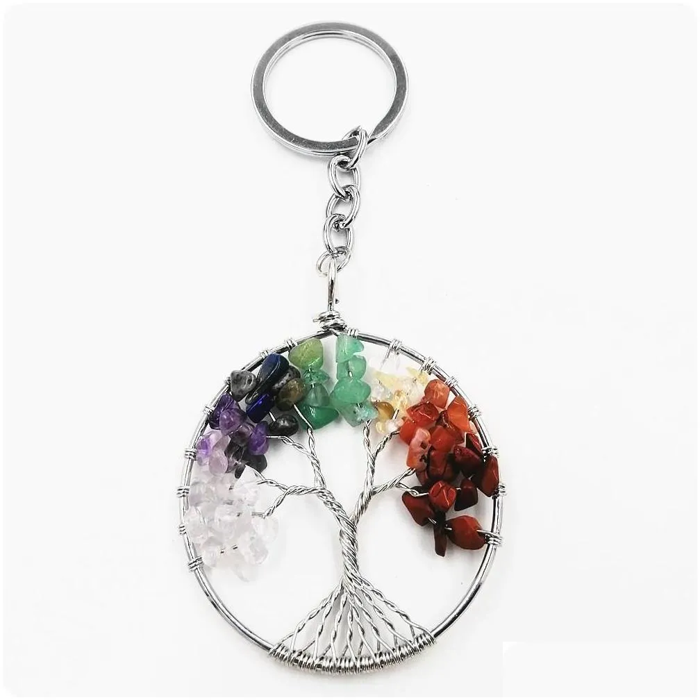 Natural Crystal Stone Keyring Chain 7 Chakra Round Tree Of Life Pendant Handmade Keychain Key Ring Key Holder For Women Car Bag