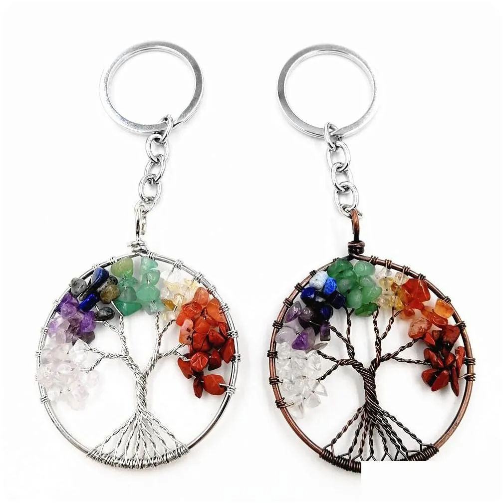 Natural Crystal Stone Keyring Chain 7 Chakra Round Tree Of Life Pendant Handmade Keychain Key Ring Key Holder For Women Car Bag