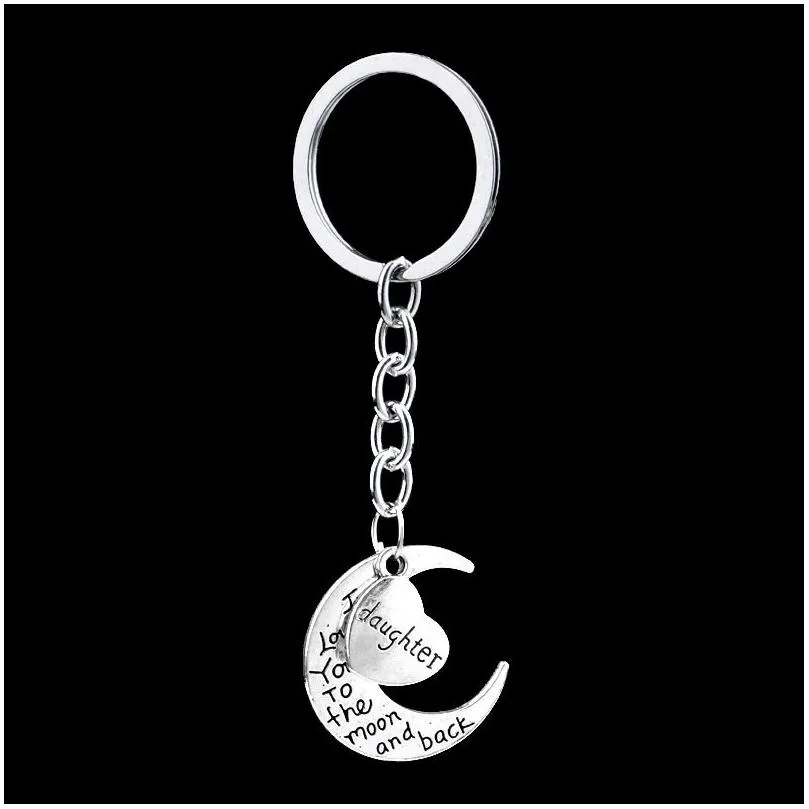 Moon Heart Keychains Letters Keyrings Silver Car Key Chain Rings Holder Fashion Pendant Jewelry Gift for Mom Dad Brother Sister Uncle