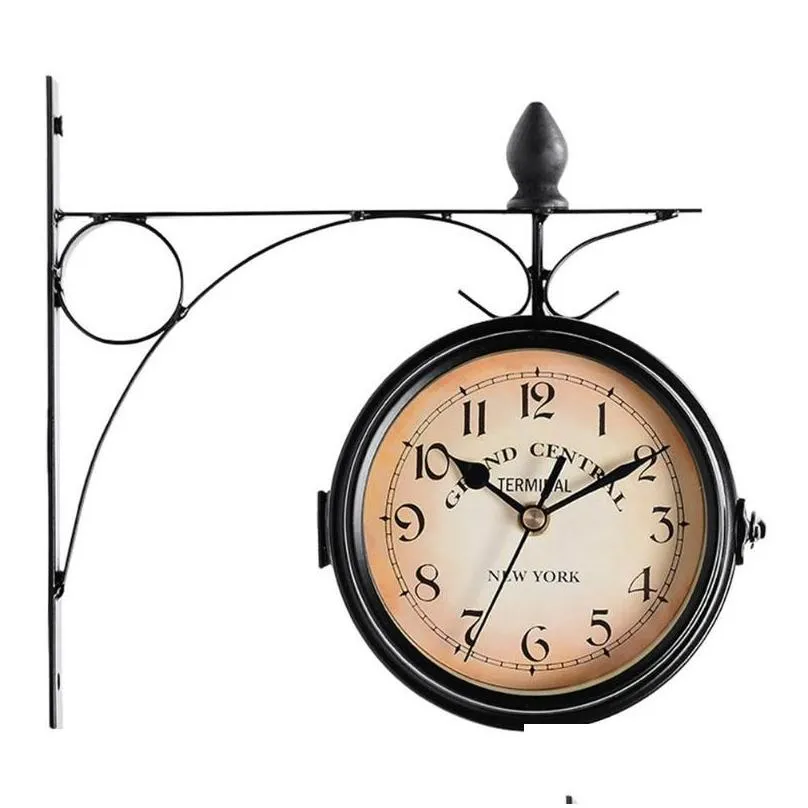 Wall Clock Vintage Battery Powered Mount Garden Outdoor Decoration Double Sided Retro Hanging European Style Coffee Bar Round1