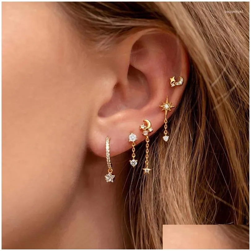 Hoop Earrings 1PC Stainless Steel Cubic Zirconia Chain For Women Star Moon Unique Pendant Earring Cartilage Piercing Jewelry
