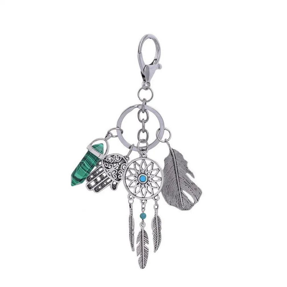 Dream Catcher Feather Keychain Hamsa Hand Fatima Hexagonal Prism Chakra Natural Stone Crystal Pendant Keyring Retro Key Chain Rings