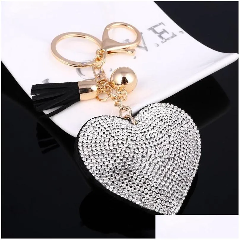 Heart Keychain Leather Tassel Key Holder Fashion Metal Crystal Rhinestone Key Chain Keyring Charm Bag Auto Pendant Gift Wholesale