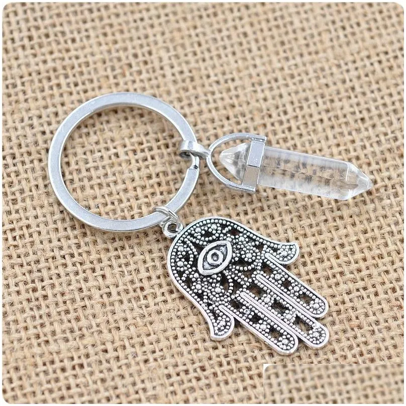 Fashion Crystal Key Chains Jewelry Accessories Natural Stone Antique Symbol Evil Eye Fatima Hand Pendant Keychains Bag Car Key Rings