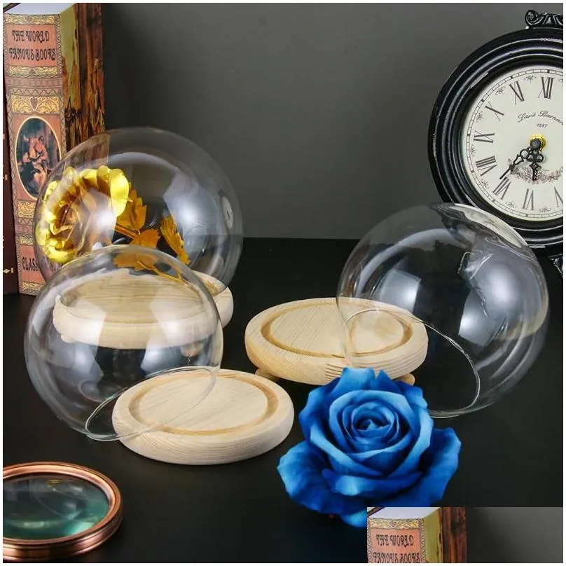 Other Home Decor 1Pcs Spherical Glass Cloche Jar Display Stand Cover Terrarium Bottle With Wooden Base Acrylic Dust Box Flower