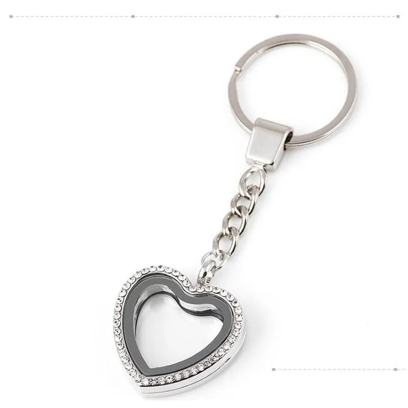 Floating Locket Keychains 30*8mm Full Rhinestone Heart Glass Key Ring Fit Floating Charms Key Chain Fashion Keyring