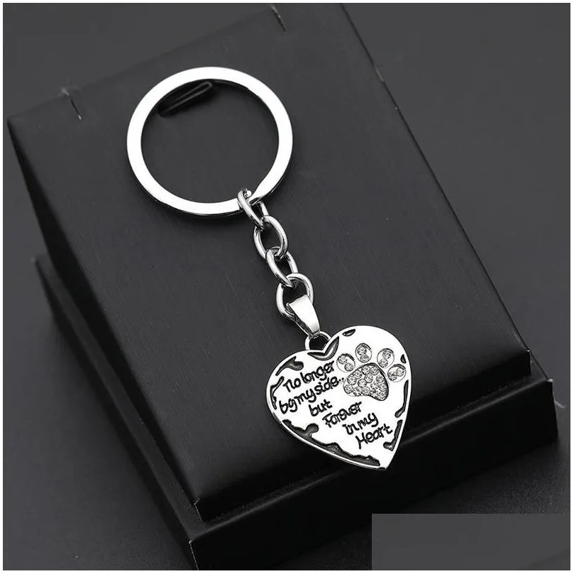 12 Pcs/Lot Key Chain No Longer By My Side But Forever In My Heart Paw Print Heart Keychain Pet Animal Lovers Memorial Friend Key Ring