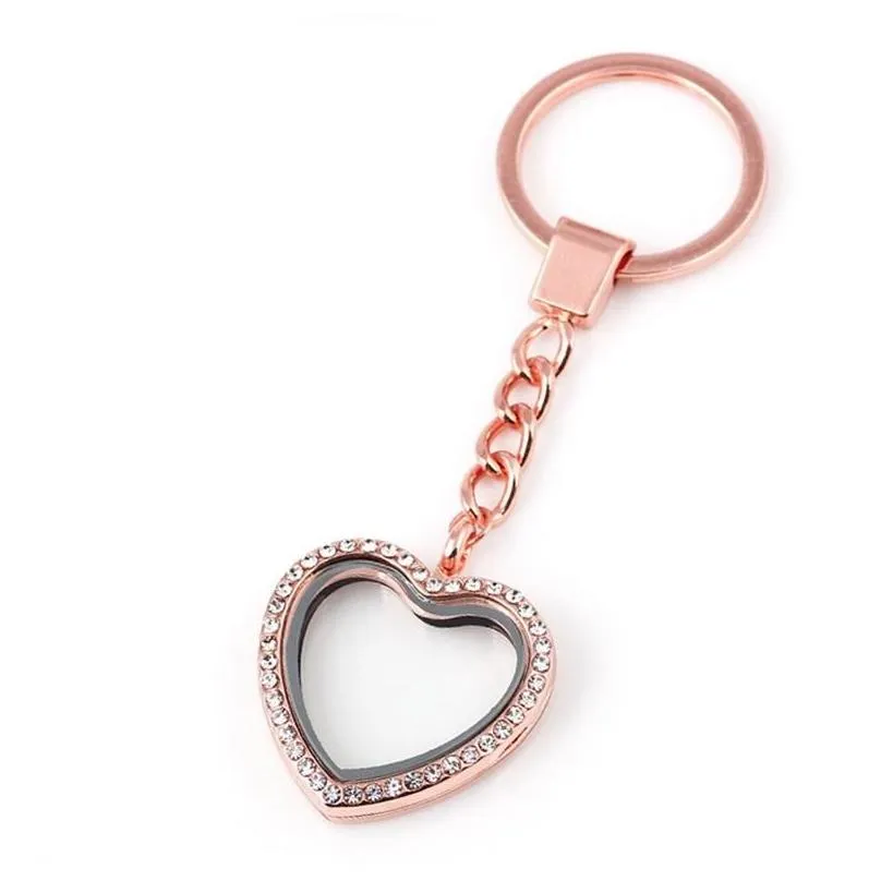 Floating Locket Keychains 30*8mm Full Rhinestone Heart Glass Key Ring Fit Floating Charms Key Chain Fashion Keyring