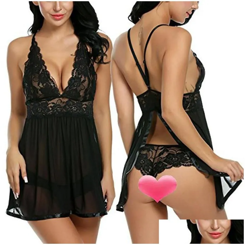 Yoga Outfit 2021 Sexy Lingerie Women Balck Perspective Gauze Lace Splice Chemise Deep V-neck Erotic Lstry Costumes