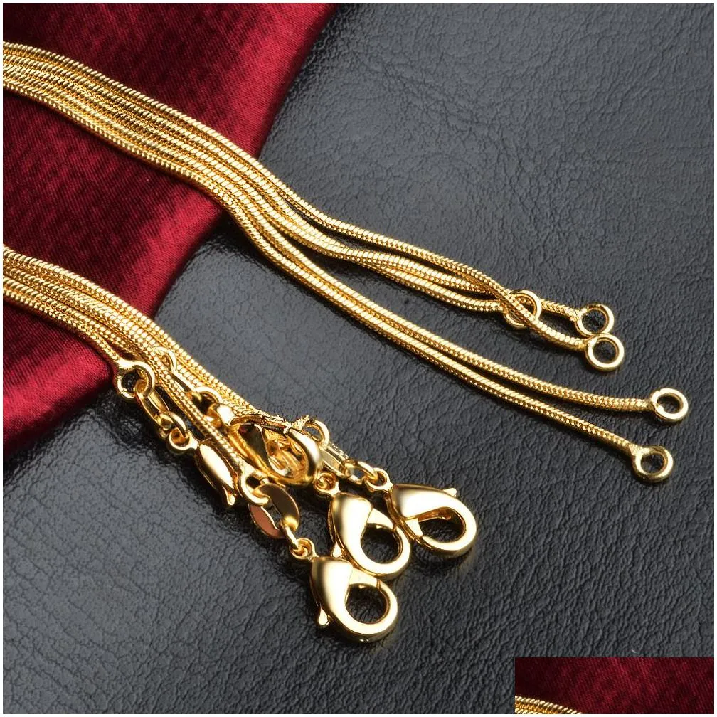 Snake Chains Necklaces Smooth Designs 1mm 18K Gold Plated Mens Women Fashion DIY Jewelry Accessories Gift with Lobster Clasp 16 18-30