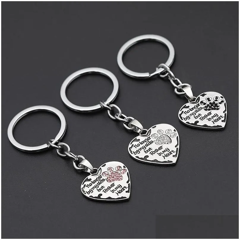 12 Pcs/Lot Key Chain No Longer By My Side But Forever In My Heart Paw Print Heart Keychain Pet Animal Lovers Memorial Friend Key Ring