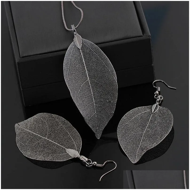 Leaf Design Jewelry Sets Necklace Earrings Set for Women Girls Lady Silver Rose Gold Black Fashion Pendant Charm Jewelry Suit Jewellery