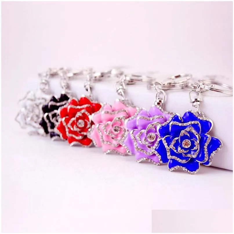 Peony Flower Pendant Key Chain Enamel Alloy Rhinestone Paved Bag Keychain Holder Beauty Floral Metal Car Keys Ring Charms Jewelry Gift Keyring