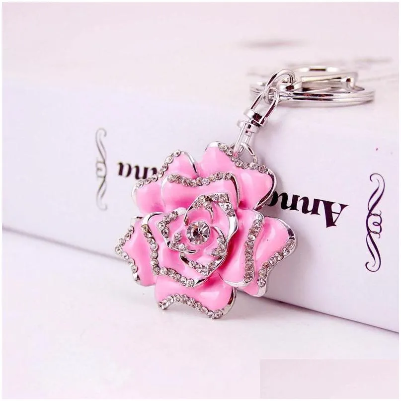 Peony Flower Pendant Key Chain Enamel Alloy Rhinestone Paved Bag Keychain Holder Beauty Floral Metal Car Keys Ring Charms Jewelry Gift Keyring