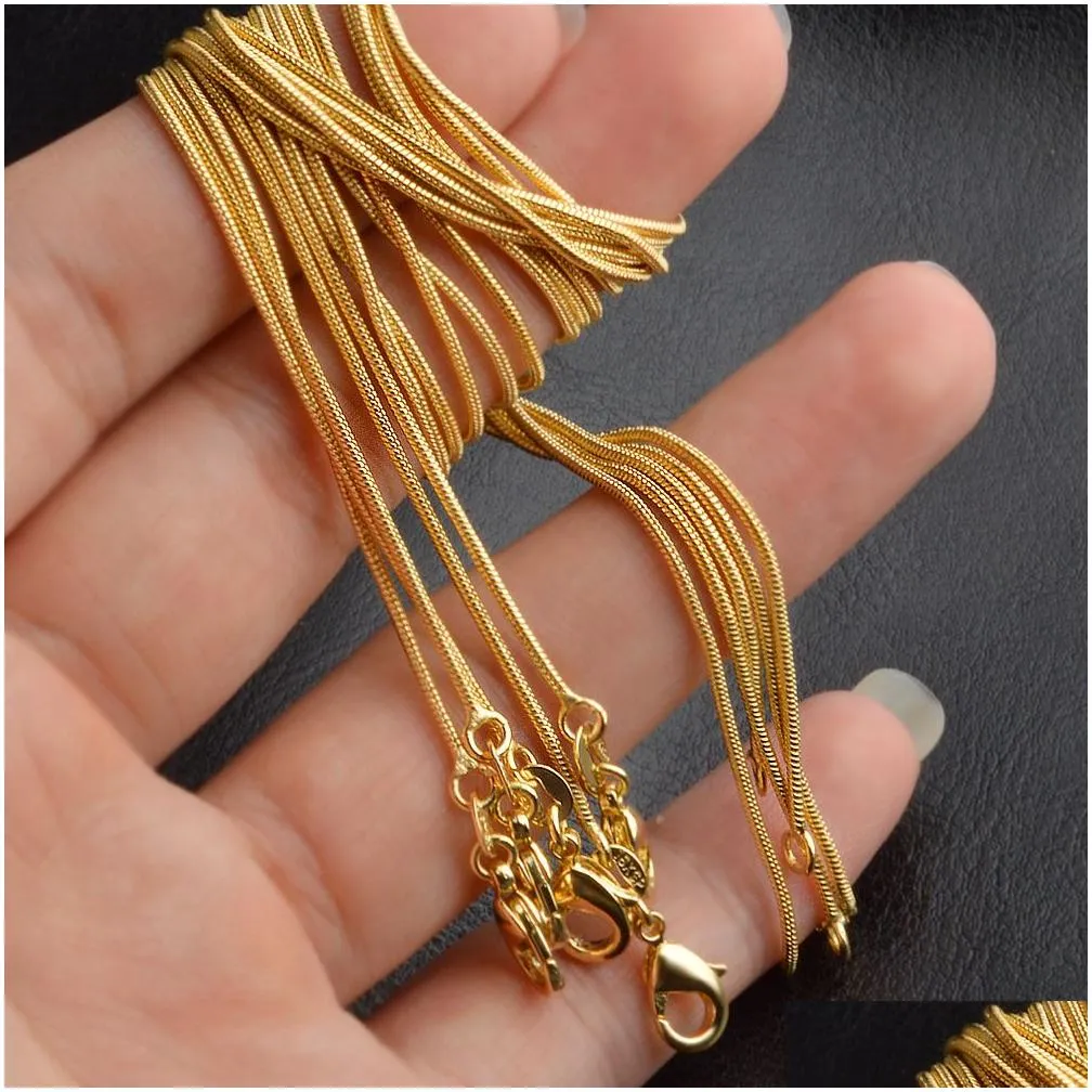 Snake Chains Necklaces Smooth Designs 1mm 18K Gold Plated Mens Women Fashion DIY Jewelry Accessories Gift with Lobster Clasp 16 18-30