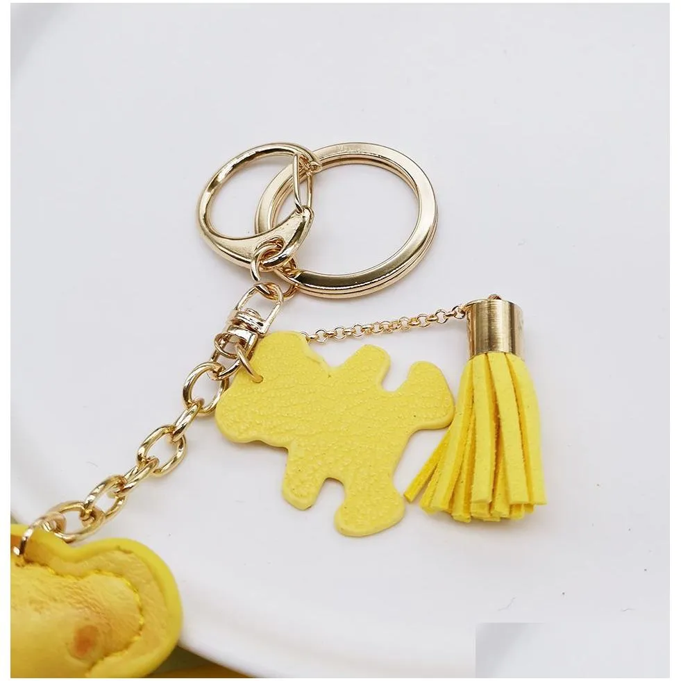 Cute Teddy Bear Key Chains Animal Design Tassel Keychains Ring Charms Leather Car Keys Holder Bag Pendant Wristlet Keyring Accessories Jewelry Gifts for Women